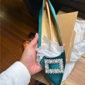 Elegant Green Satin Women's pointy toe flats with crystal buckle